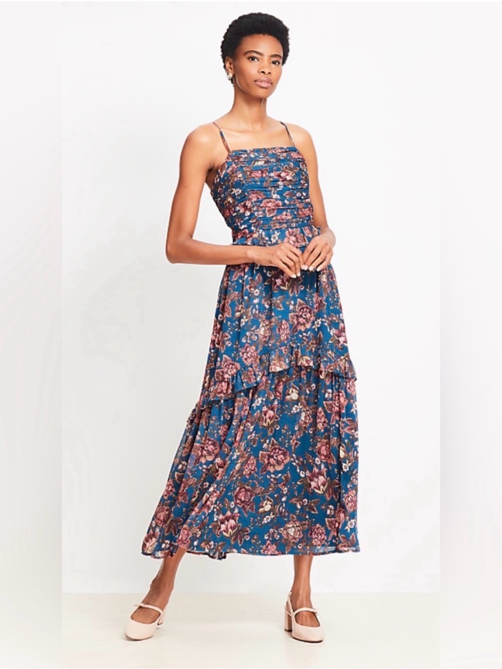 LOFT Floral Smocked Maxi Dress Women’s M Teal Blue Pink Strappy Cottagecore